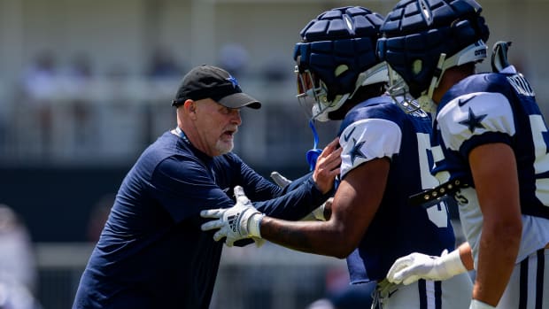 Dallas Cowboys defensive coordinator Dan Quinn during training camp at the Marriott Residence Inn-River Ridge playing fields. Mandatory Credit: Jason Parkhurst-USA TODAY Sports